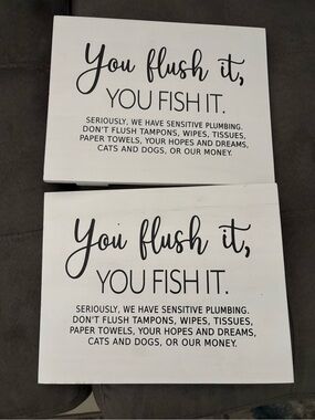 Bath signs regarding flushing toilet. Great for rental units